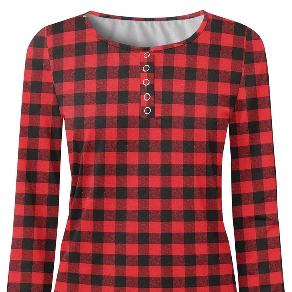 M Red/Black Blouse Silver Thread around Hems Round Neck Long Sleeves